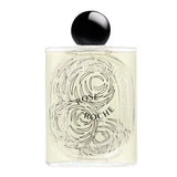 Flacon de parfum TIARA Rose Roche en verre transparent avec gravure artistique et bouchon noir minimaliste